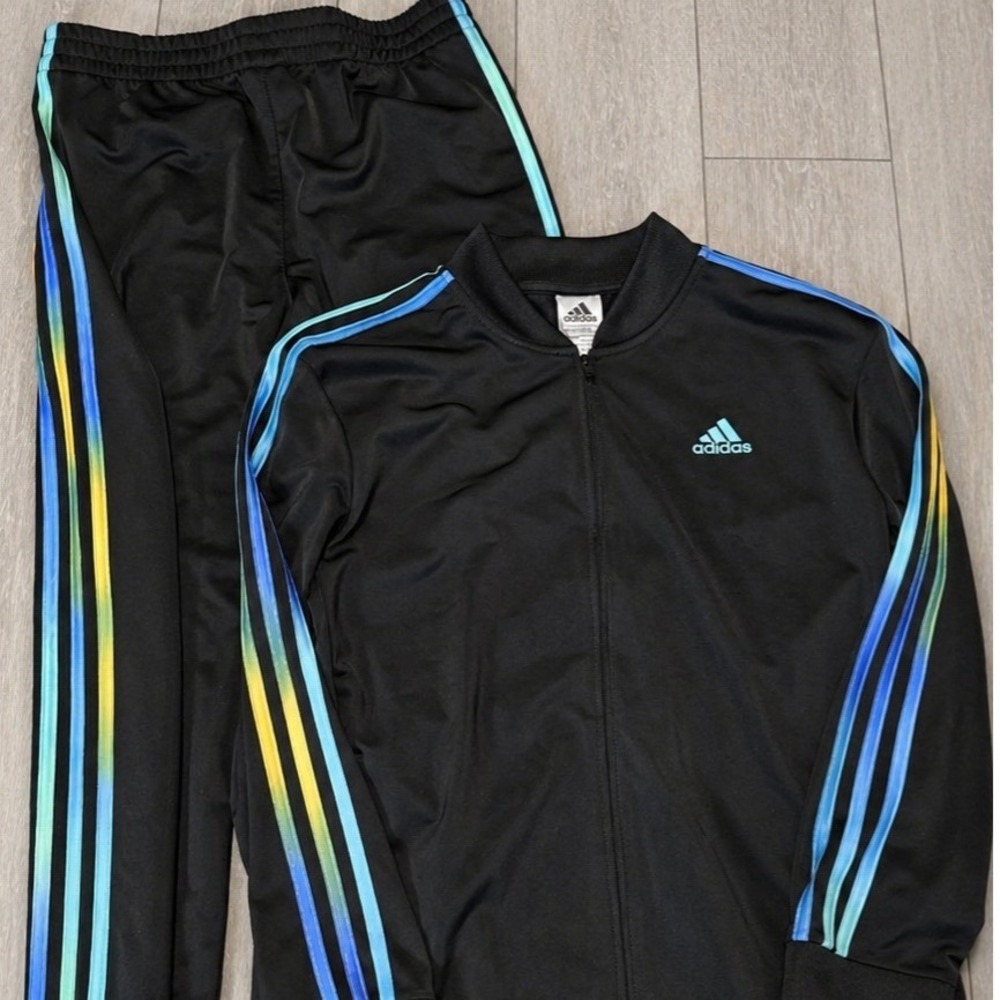Adidas Tracksuit Set Black Multi Color Stripes Jacket Pants Men's Medium